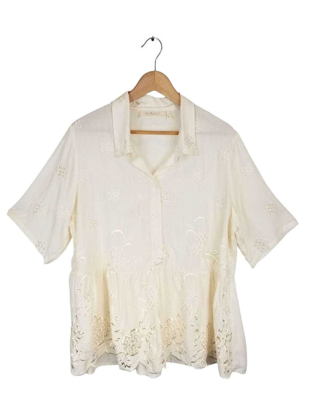 La Bellum Hillary Scott Floral Embroidered Peplum Short Sleeve Blouse Cream XL